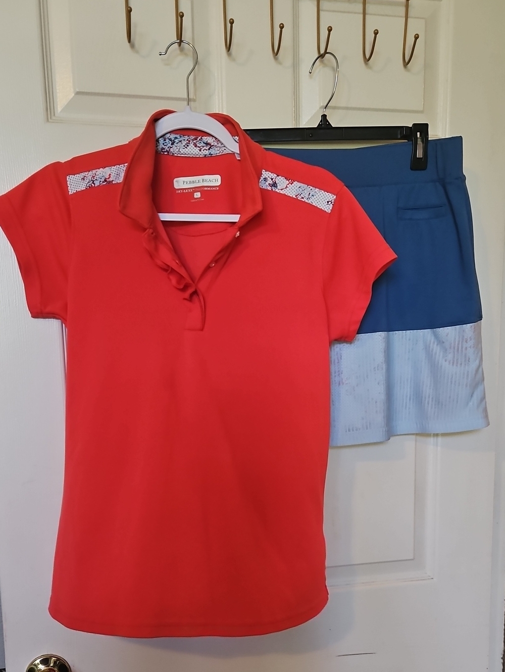 Pebble Beach Coral-Red Polo w/Patterned Shoulder Accents Matching Underlay Skort